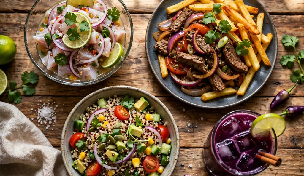 Overhead spread of easy Peruvian recipes at home: ceviche, lomo saltado, quinoa salad and chicha morada on a rustic table