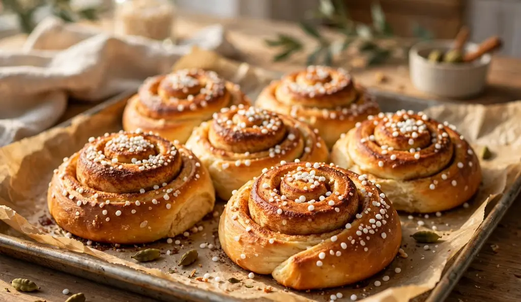 Swedish cinnamon buns with cardamom on a baking tray