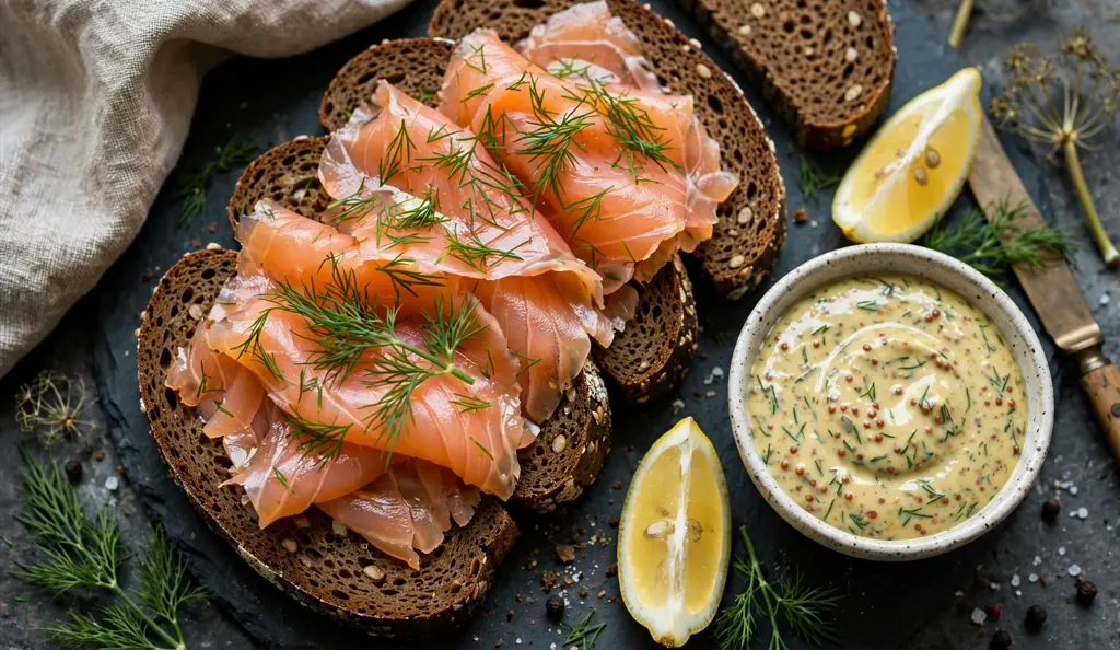 Gravlax cured salmon with fresh dill on rye bread