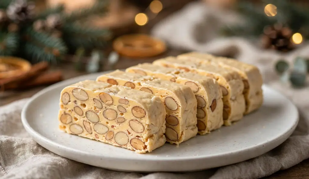 Sliced turron pieces Sliced turron nougat pieces on a ceramic plate