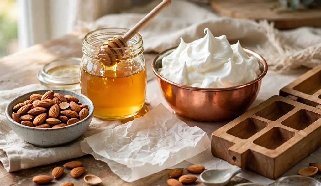 Turron ingredients Ingredients for homemade turron: almonds, honey and egg whites