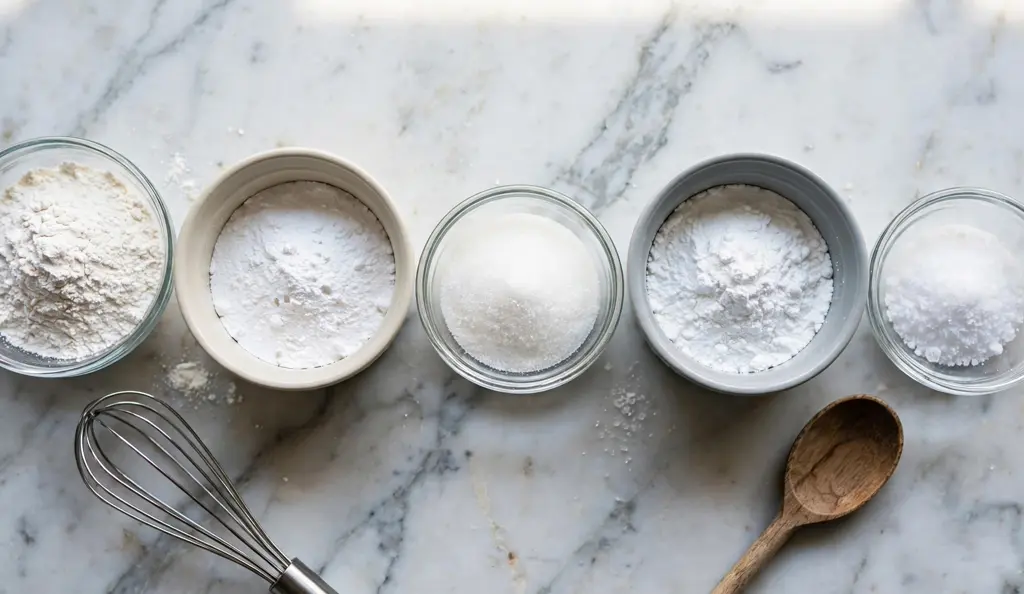 Measured bowls of gluten-free flour, starch, sugar and baking powder for homemade gluten free pancake mix