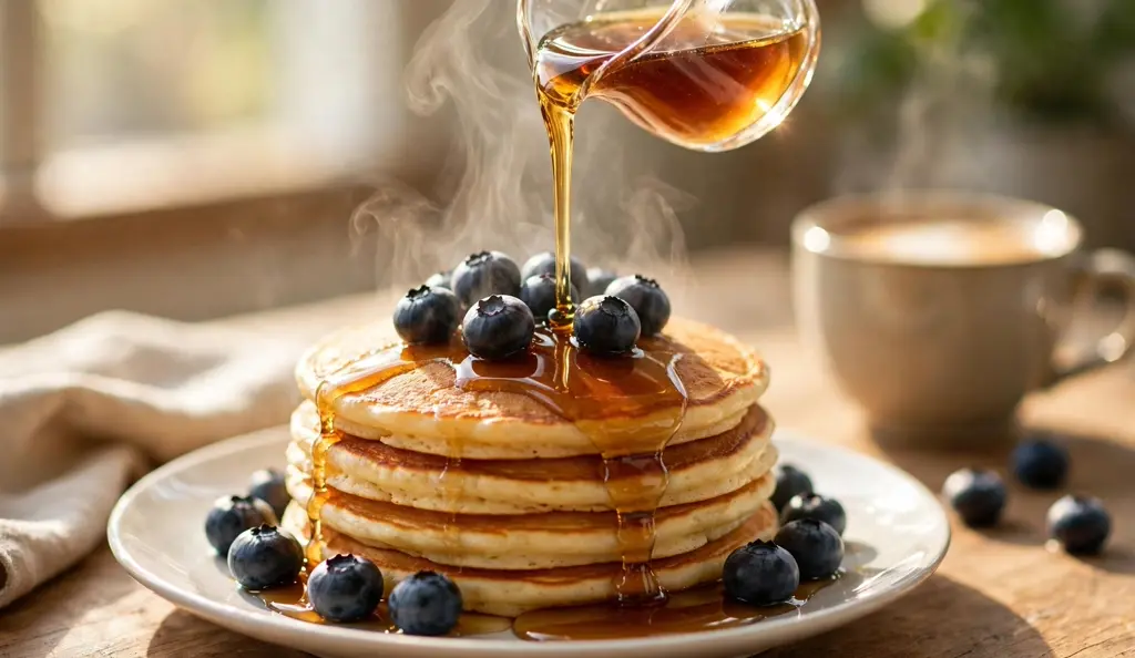 Warm syrup being poured over a stack of fluffy gluten free pancakes