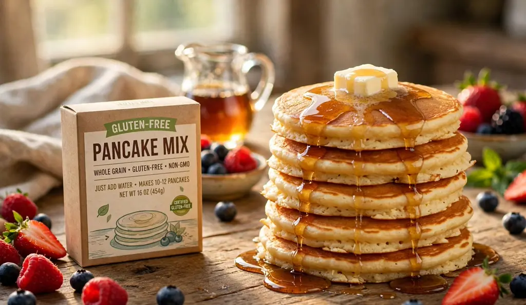 Fluffy gluten free pancakes with a box of gluten free pancake mix