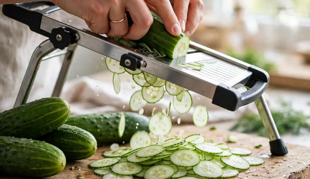 Slicing cucumbers paper-thin on a mandoline for Japanese cucumber salad