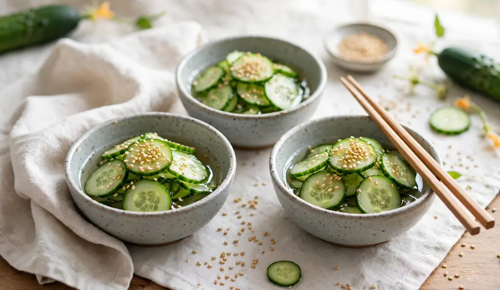 Japanese cucumber salad served in small bowls with chopsticks