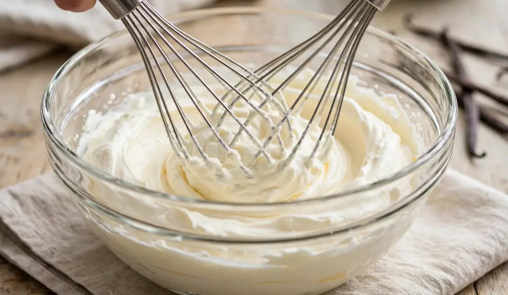 mascarpone cream mixing Whisking smooth mascarpone cream in a glass mixing bowl