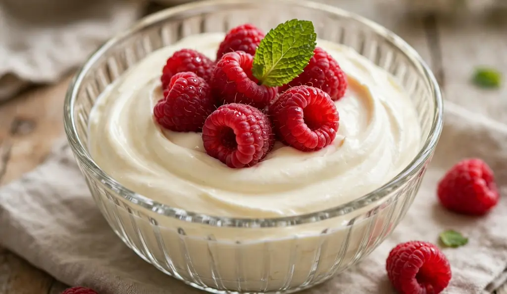 Glass bowl of silky mascarpone cream topped with raspberries and mint