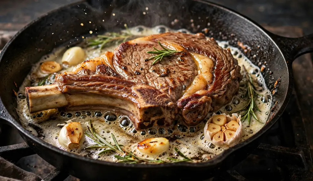 Ribeye bone steak searing in a cast-iron skillet with butter and herbs