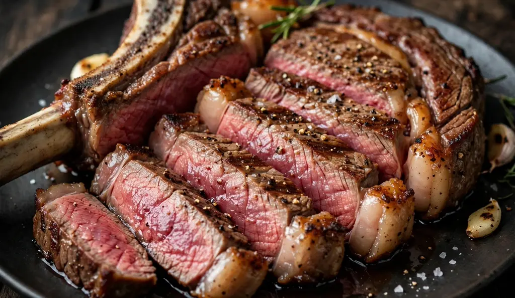 Sliced ribeye bone steak showing a juicy medium-rare center