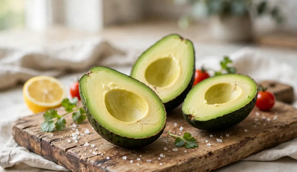 Halved ripe avocados showing creamy green flesh on a cutting board