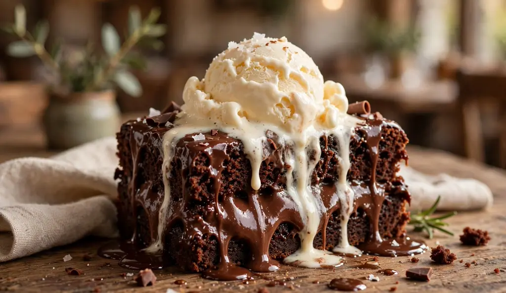 Whiskey chocolate cake slice with melting vanilla ice cream