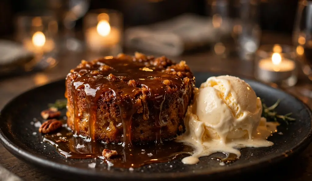 Whiskey cake dessert from the Whiskey Cake Kitchen and Bar menu with whiskey caramel sauce and vanilla ice cream