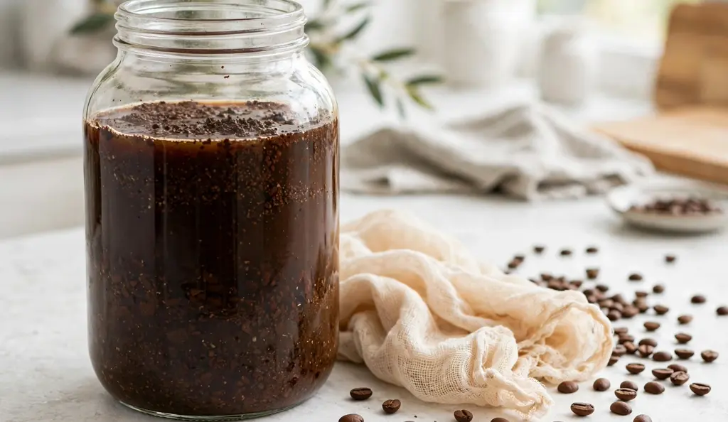 Homemade cold brew coffee steeping in a glass jar with coarse coffee grounds