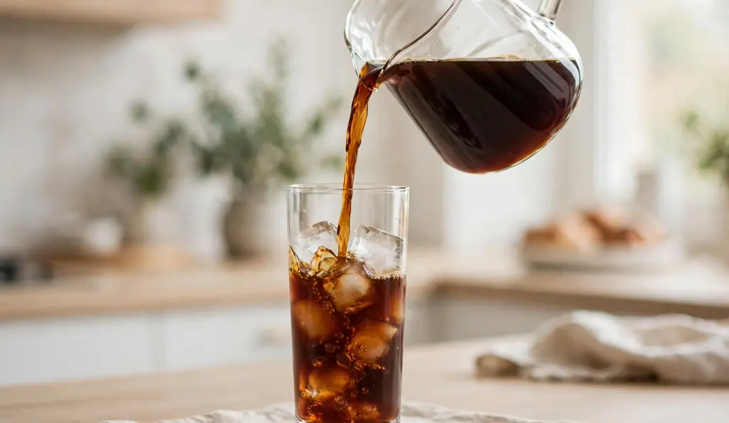 Pouring homemade cold brew coffee from a pitcher into a glass of ice