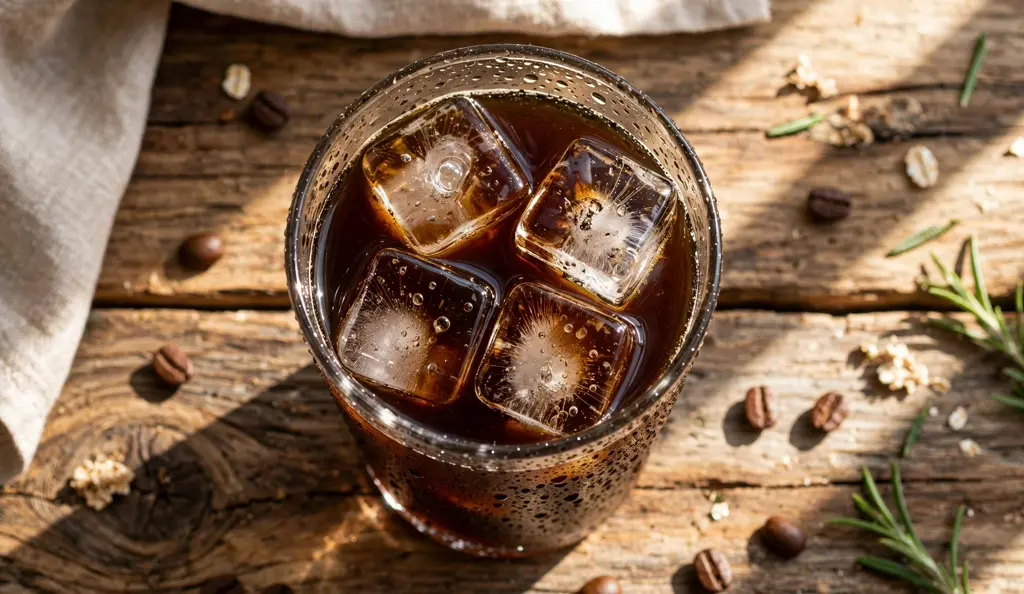 Iced cold brew coffee in a glass with ice cubes
