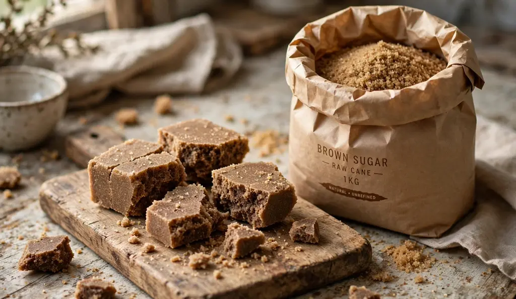 Hardened brown sugar brick broken into chunks next to a fresh bag of brown sugar