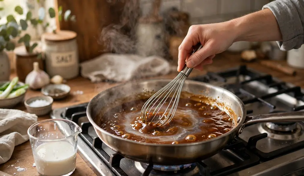 Whisking a cornstarch slurry into simmering sauce in a gluten-free kitchen