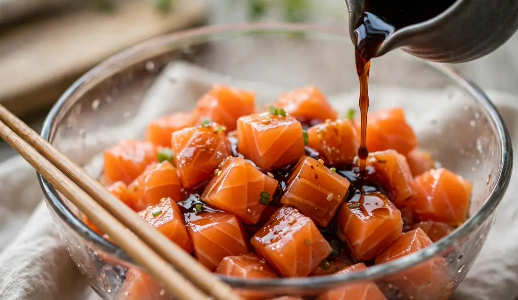 Diced salmon for a salmon poke bowl being drizzled with tamari sauce
