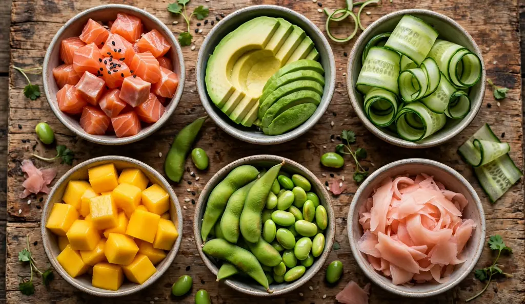 Colorful salmon poke bowl ingredients arranged in small bowls