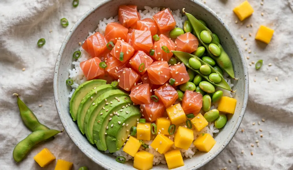 Gluten-free salmon poke bowl with avocado, edamame, and mango over rice