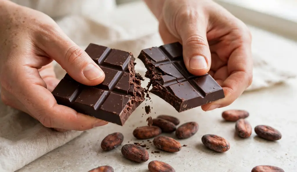 Is dark chocolate gluten free: hands breaking a plain dark chocolate bar