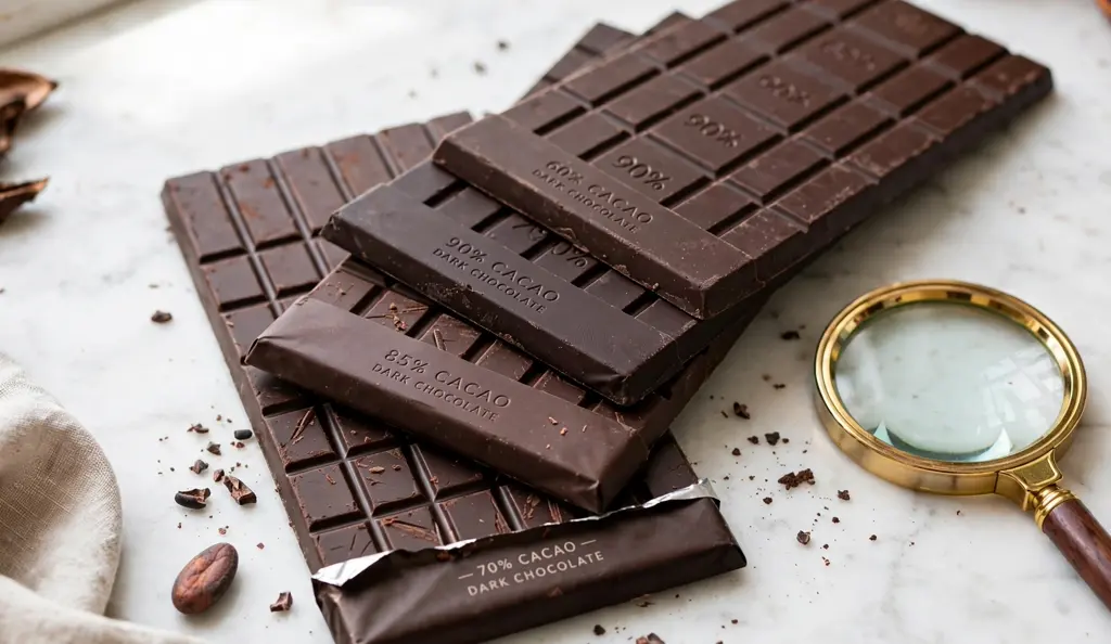 Is dark chocolate gluten free: checking a dark chocolate label with a magnifying glass