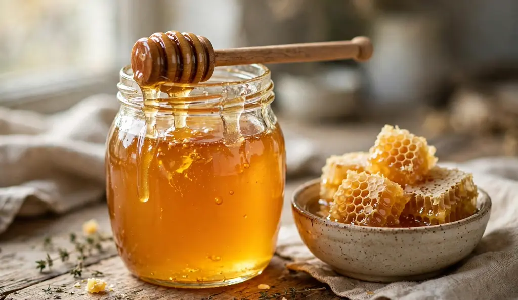Is honey gluten free: open jar of golden pure honey with a wooden dipper