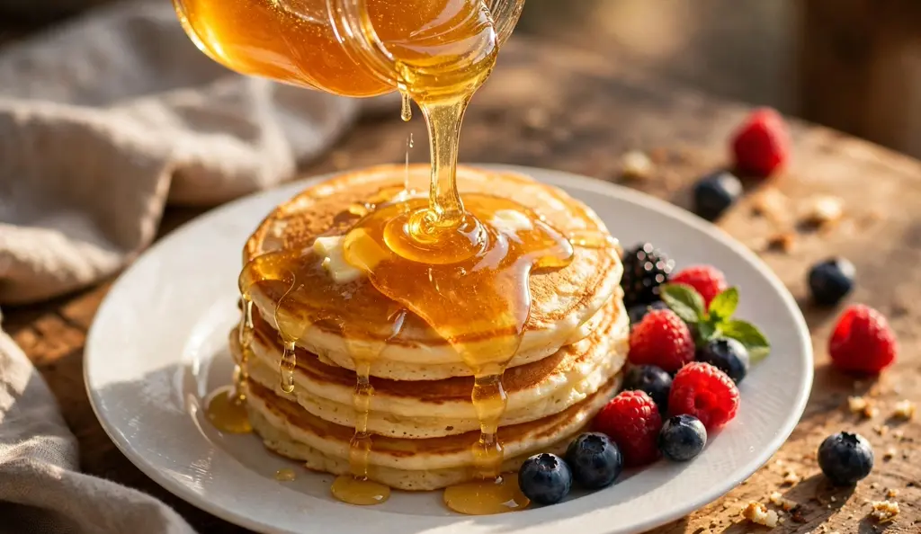Is honey gluten free: honey being poured over gluten-free pancakes