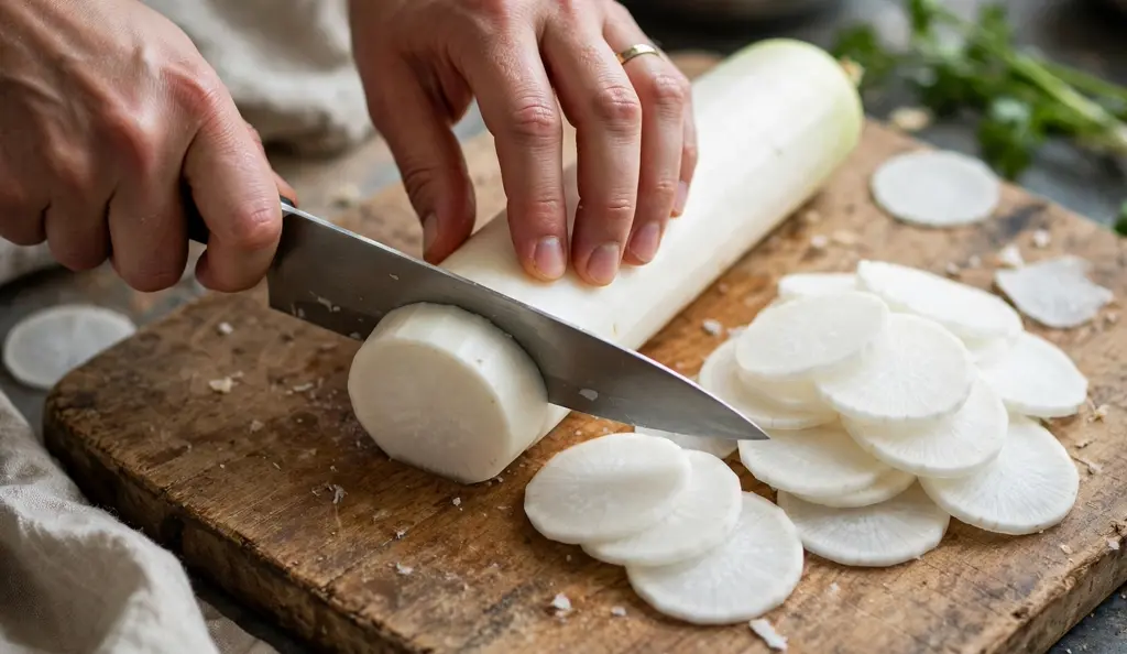 Fresh daikon radish mooli whole and sliced. A fresh whole daikon radish mooli with its green tops beside sliced rounds on a cutting board.