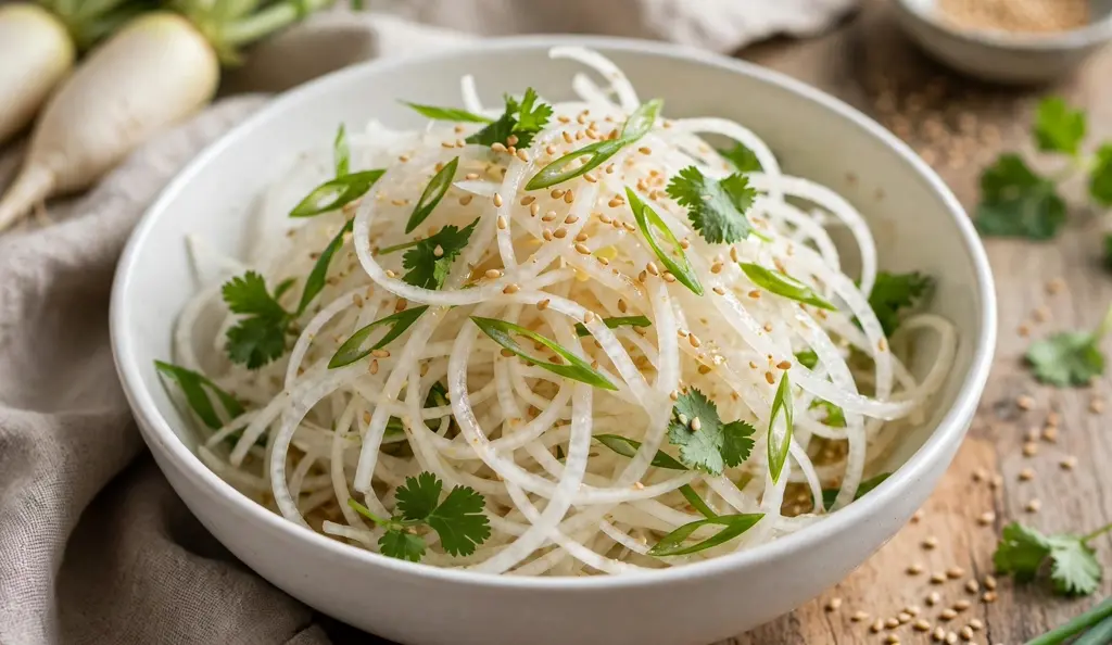 Quick pickled daikon radish mooli jar. Thin daikon radish mooli pickle slices in a glass jar with carrots and spices.