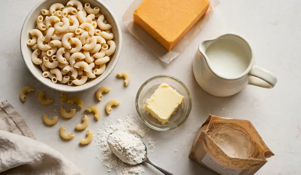 Creamy gluten free mac and cheese in a white bowl with a fork.