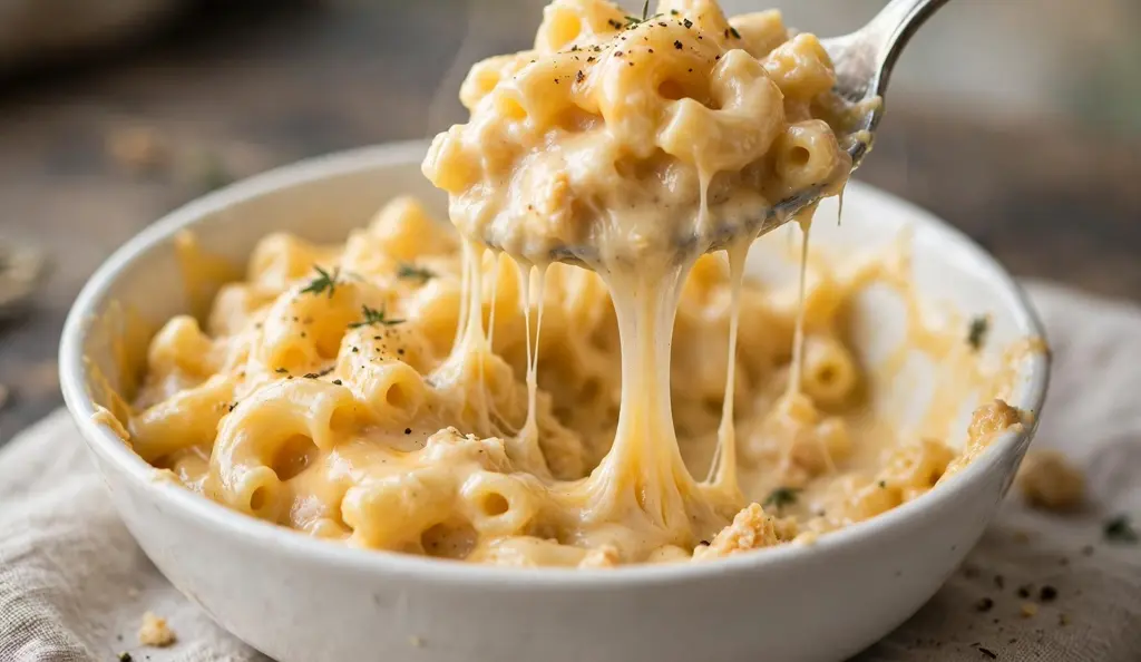 Close-up of gluten free mac and cheese sauce coating elbow pasta.