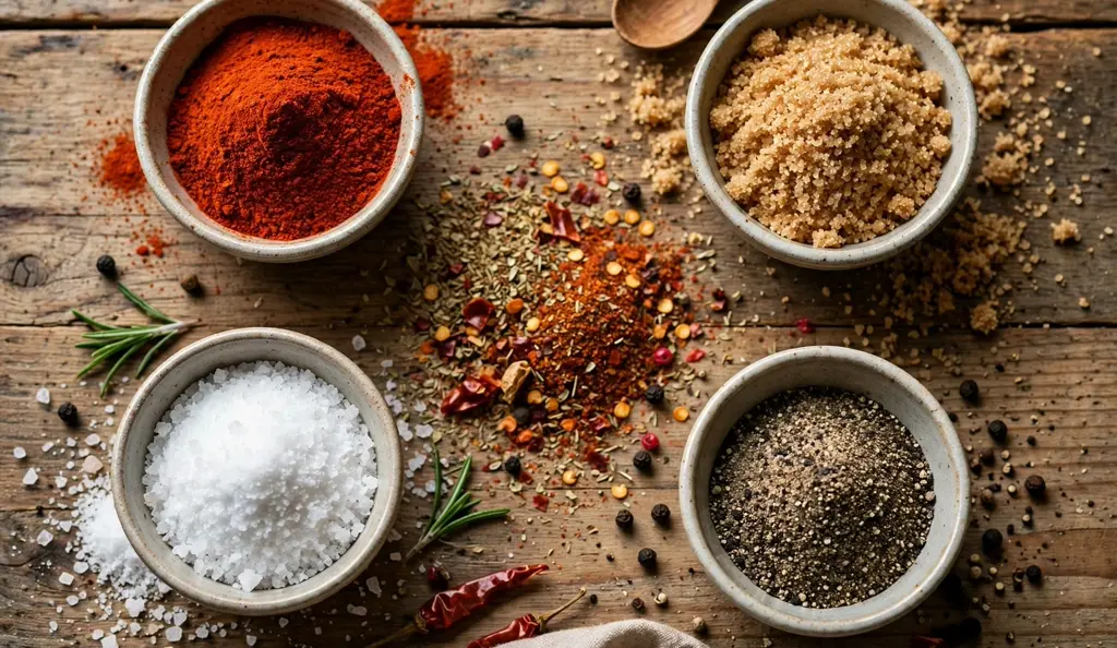 Bowls of paprika, brown sugar, salt and pepper for a homemade gluten-free barbecue rib rub.