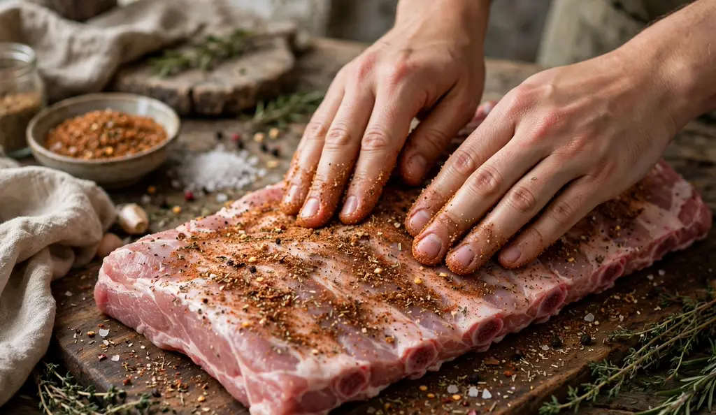 Hands massaging homemade barbecue rib rub onto a rack of raw pork ribs.