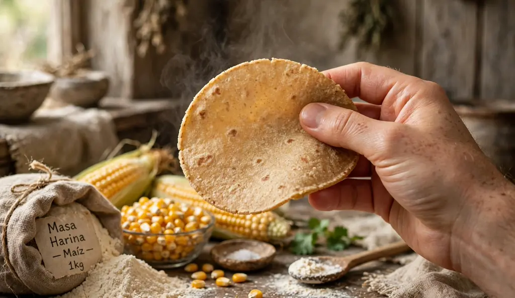 Hand holding a warm corn tortilla with masa flour behind, showing that real corn tortillas are gluten free.