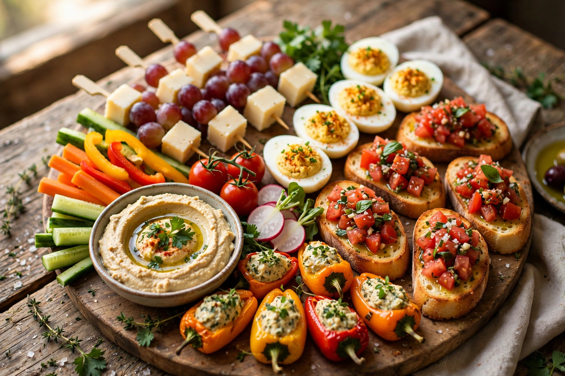Gluten free appetizers party platter with hummus, crudites and bruschetta