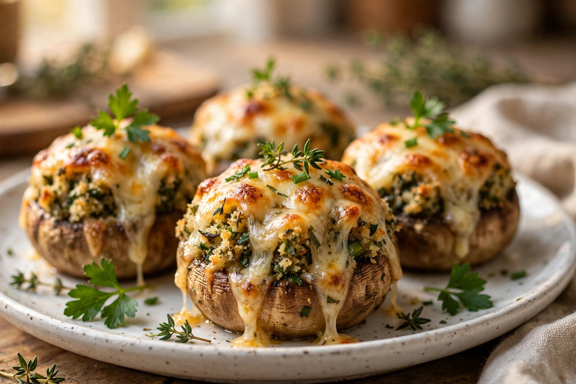 Baked gluten free stuffed mushrooms with herbs and cheese