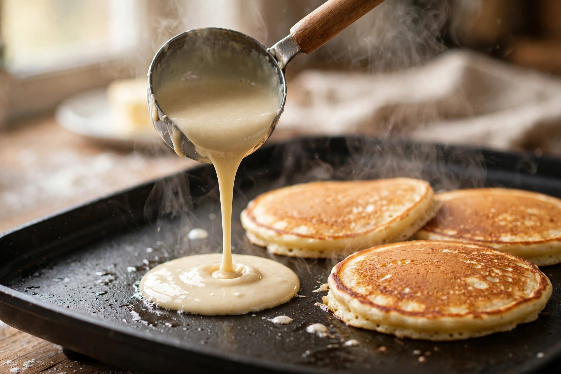Gluten free pancake batter being poured onto a hot griddle