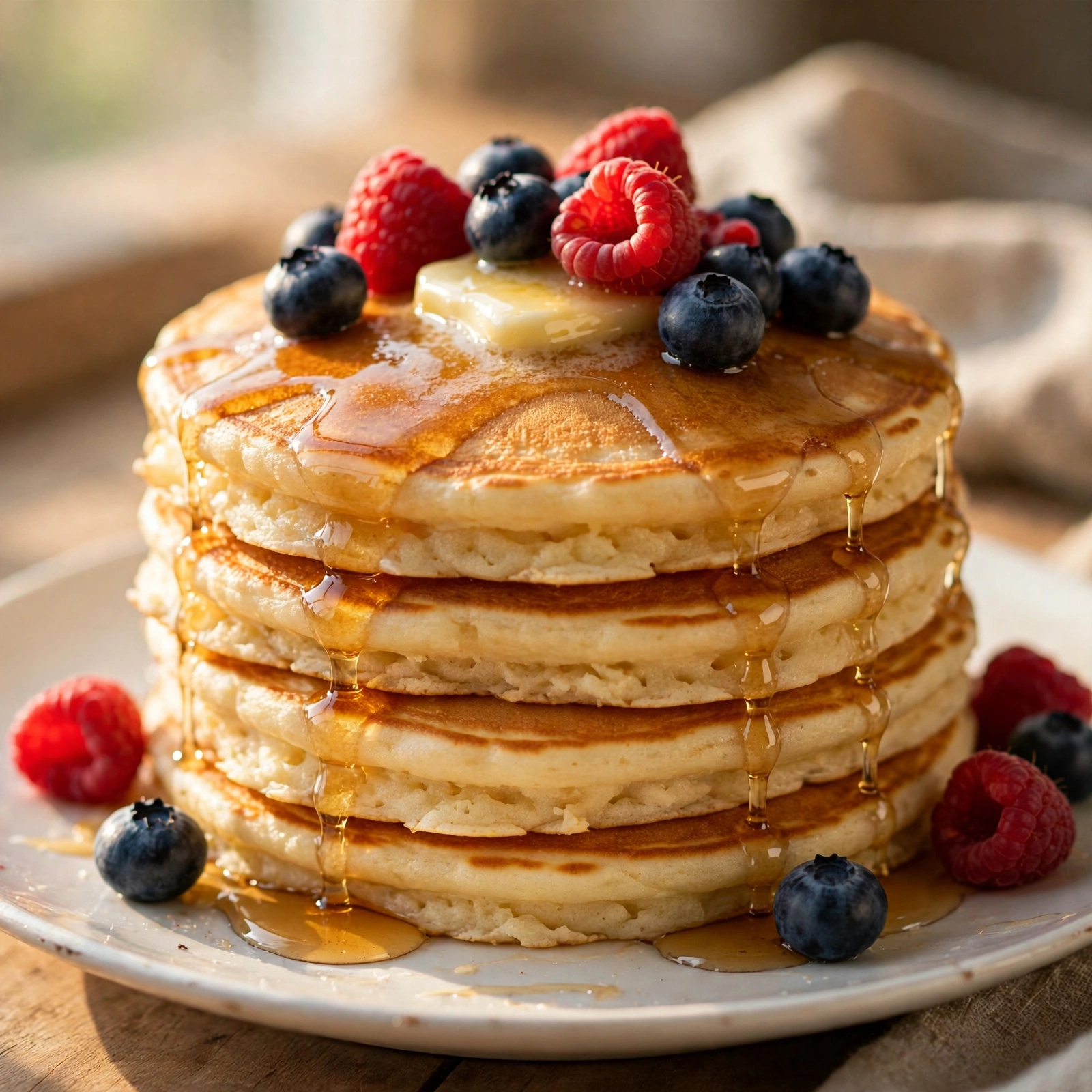 Stack of fluffy gluten free pancakes with maple syrup and berries