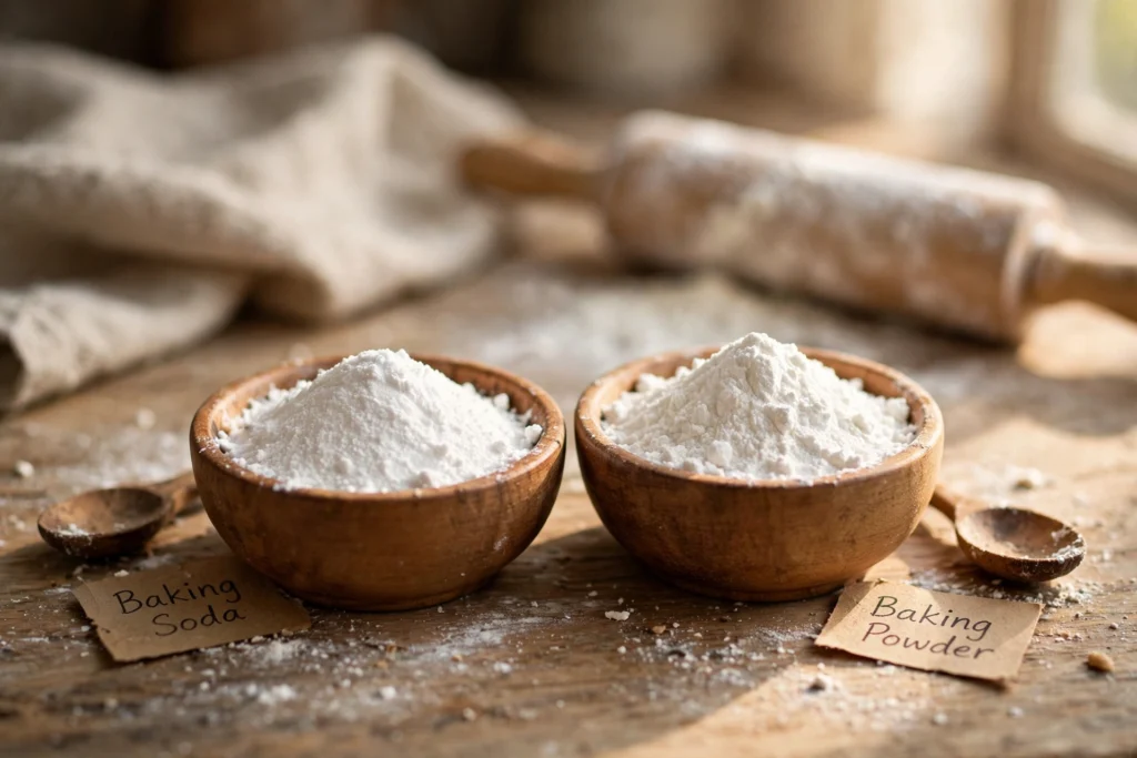 Baking soda and baking powder side by side in wooden bowls for comparison