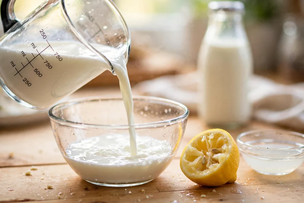 Making a buttermilk substitute by pouring milk into a bowl with lemon