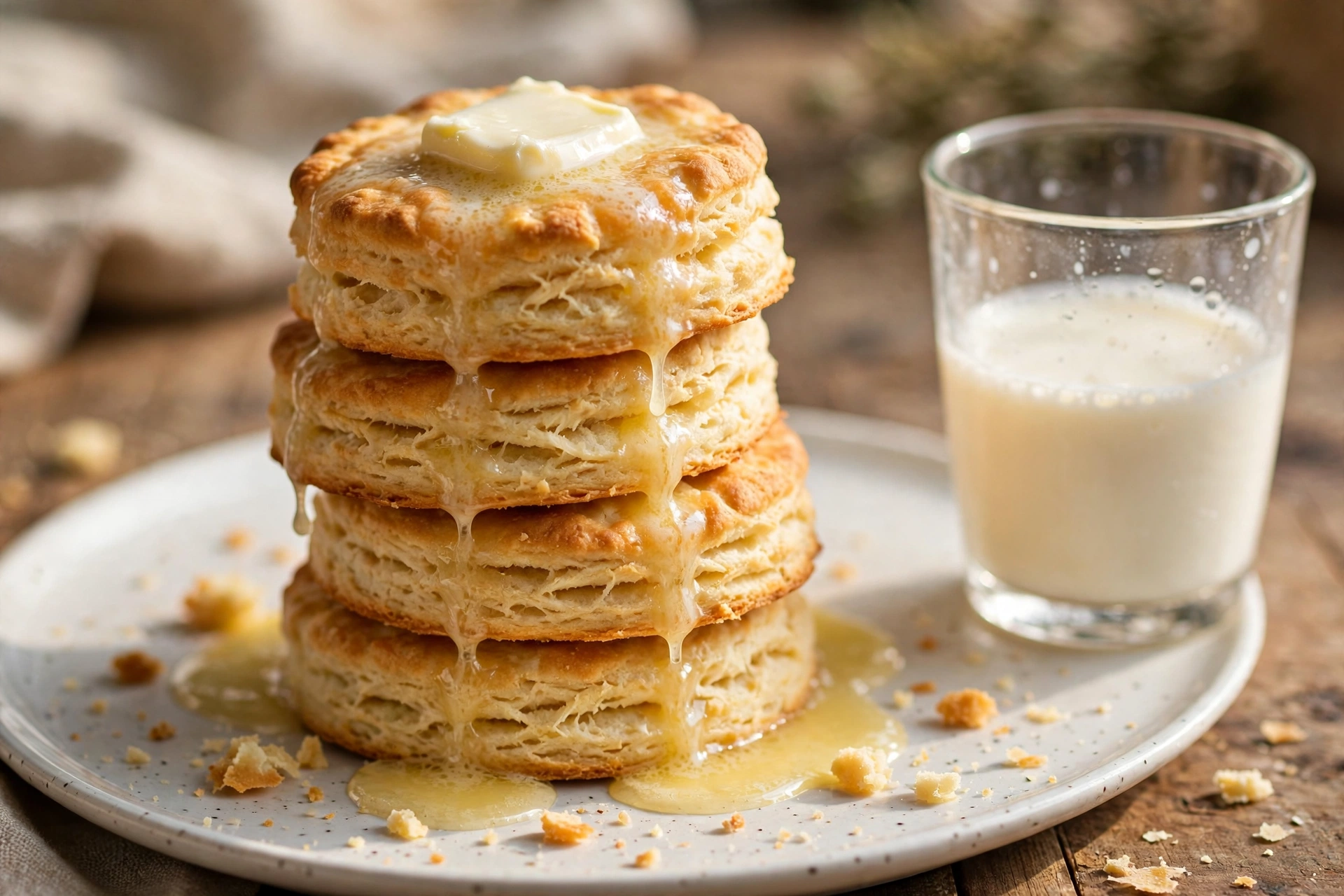 Fluffy buttermilk biscuits with butter and a glass of milk