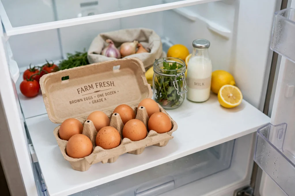 Carton of brown eggs on a fridge shelf, showing how long do eggs last in the fridge depends on proper cold storage