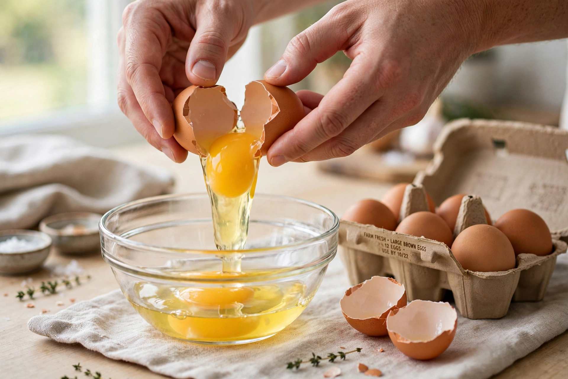 Cracking an egg into a clear glass bowl to check freshness