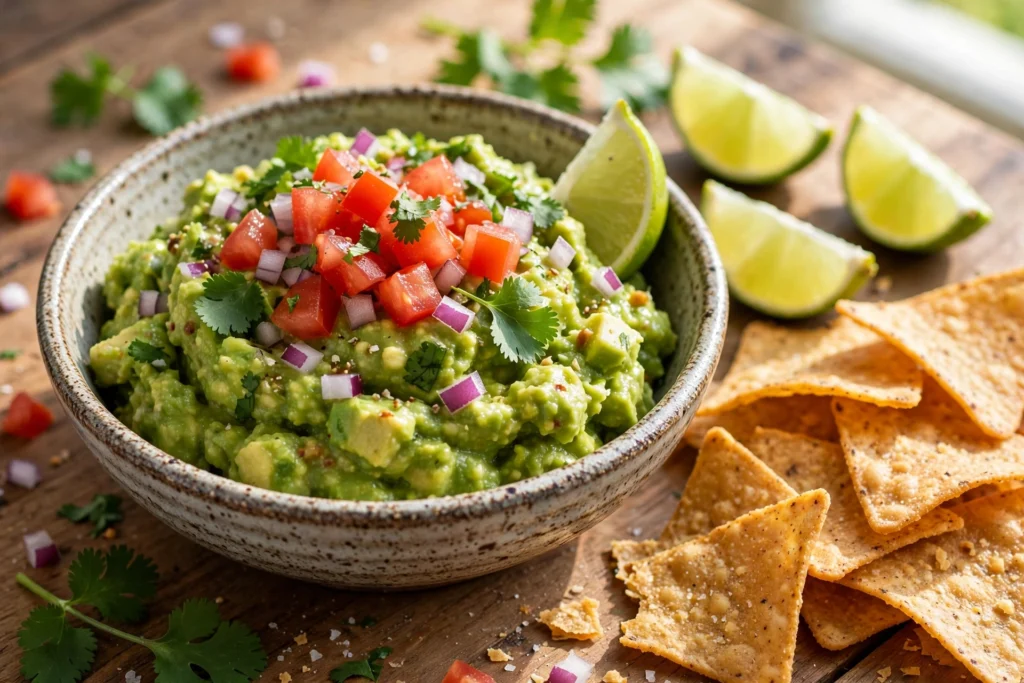 Close-up of homemade guacamole in a rustic bowl, the finished result of this how to make guacamole recipe