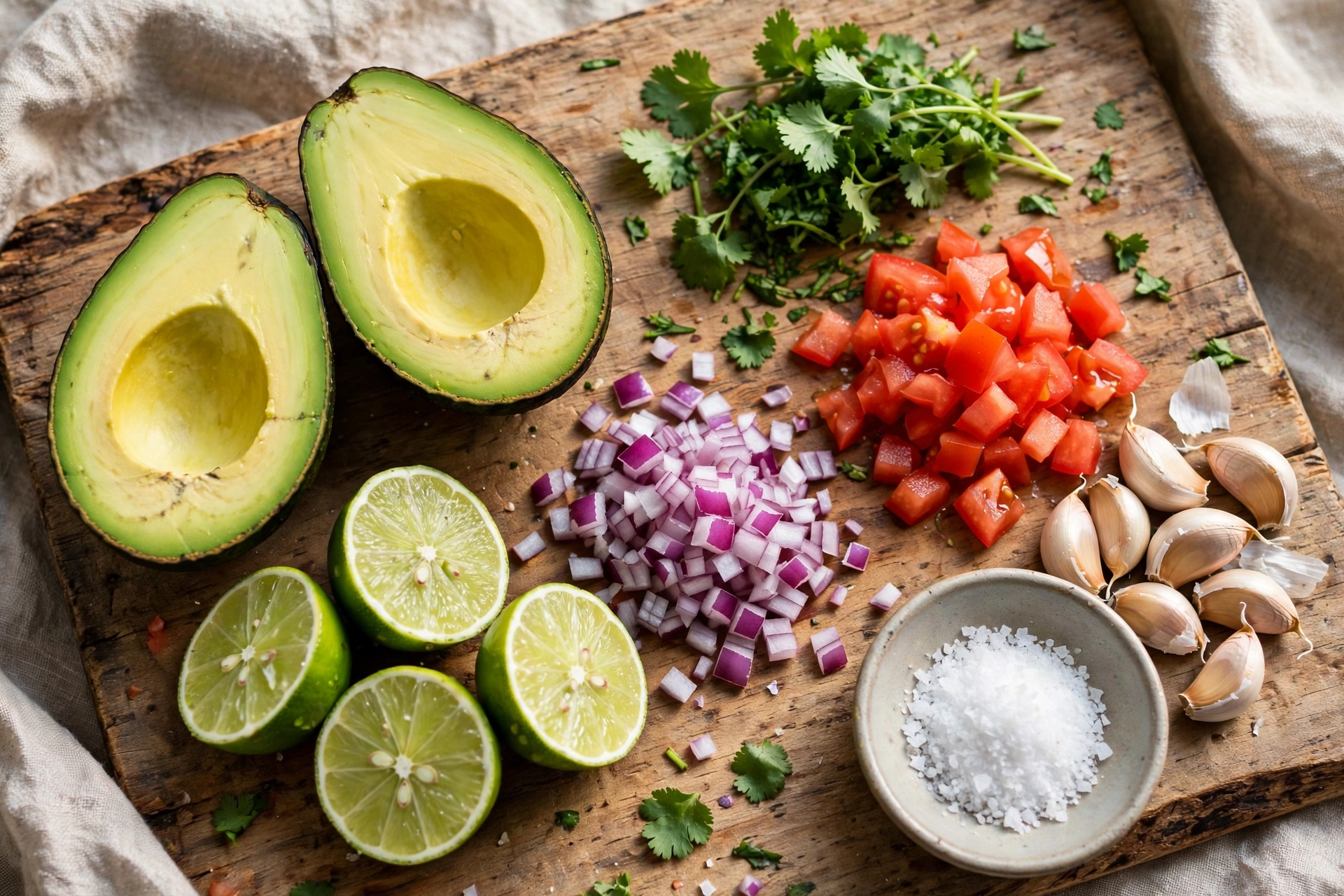Guacamole ingredients on a wooden board: ripe avocados, lime, red onion, tomato, cilantro and garlic