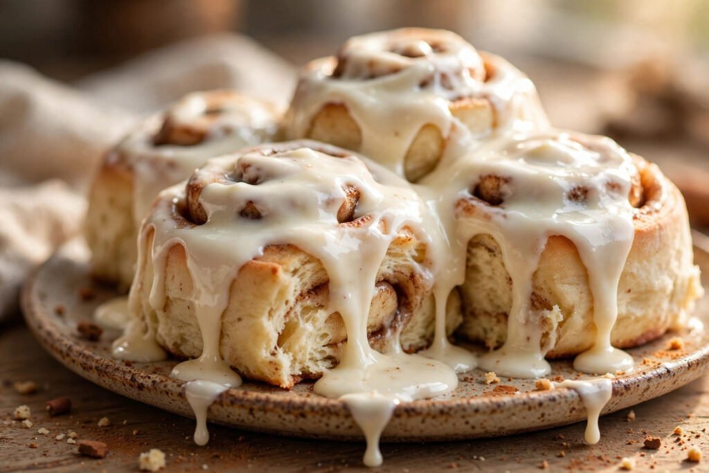 Gluten free cinnamon rolls with cream cheese icing on a plate