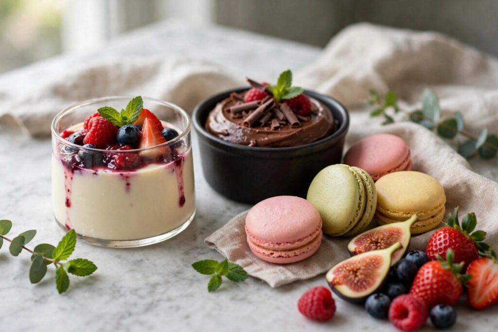 Assortment of gluten free desserts with panna cotta, chocolate mousse and macarons